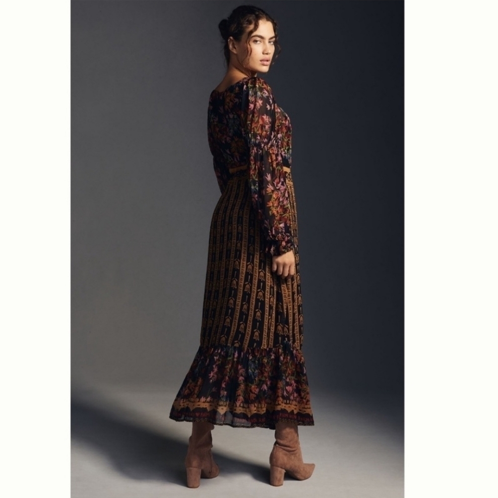 Farm Rio Side Slit Maxi Dress Long Sleeves Floral Striped XS - Perfect for Fall! - Picture 3 of 10
